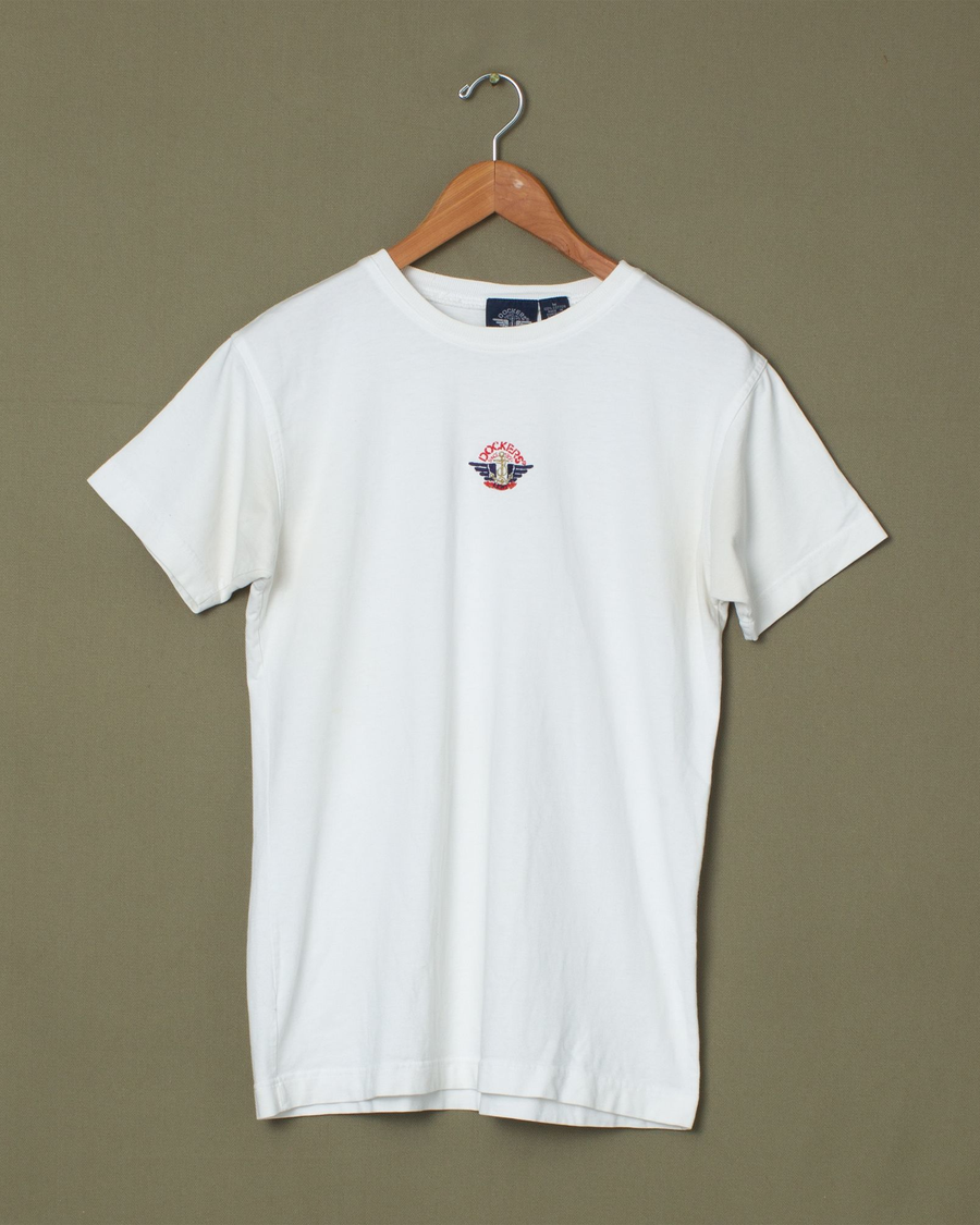 Front view of model wearing White Dockers® Embroidered Logo Tee Shirt, Slim Fit - M.