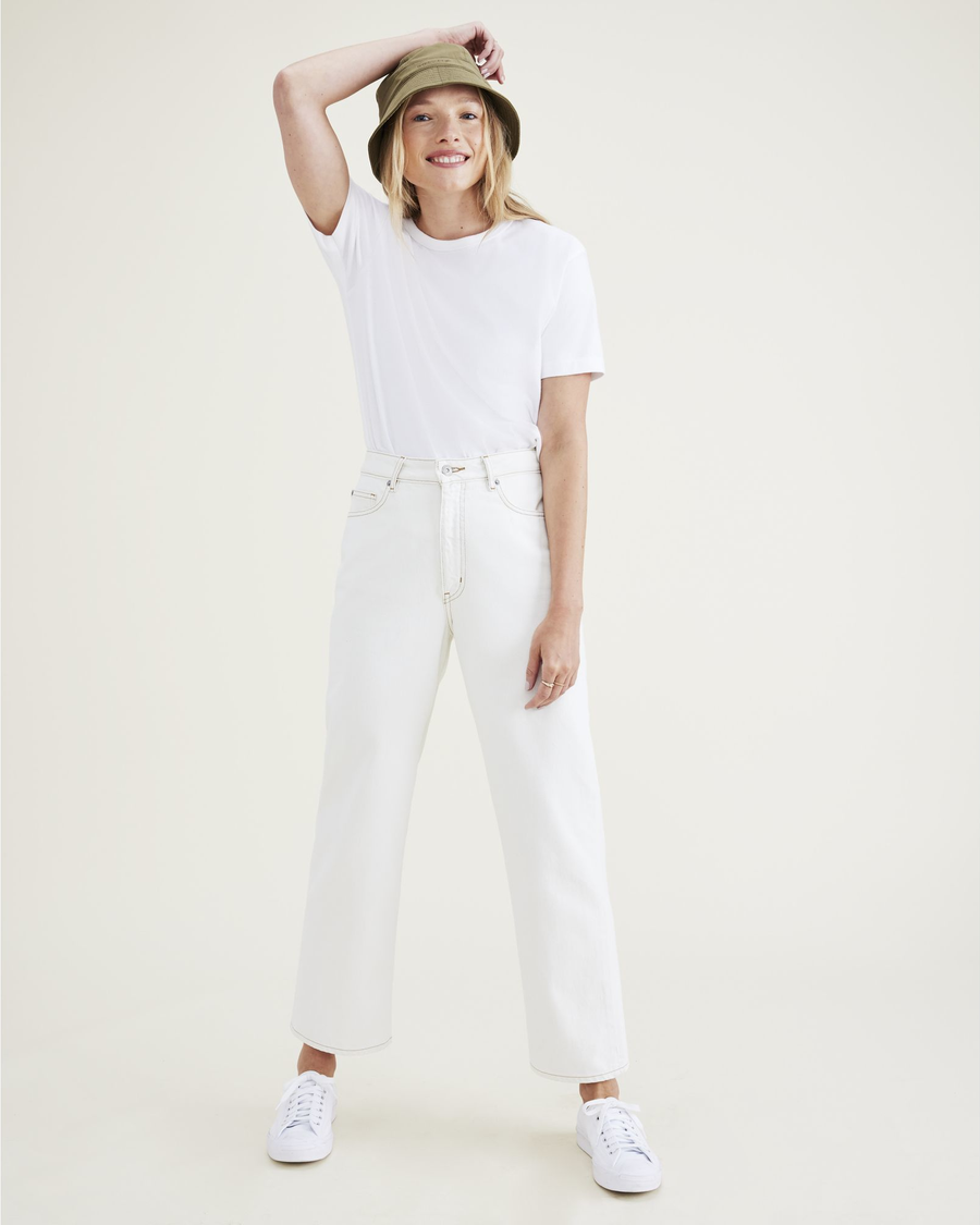 View of model wearing White Jean Cut Pants, High Straight Fit.