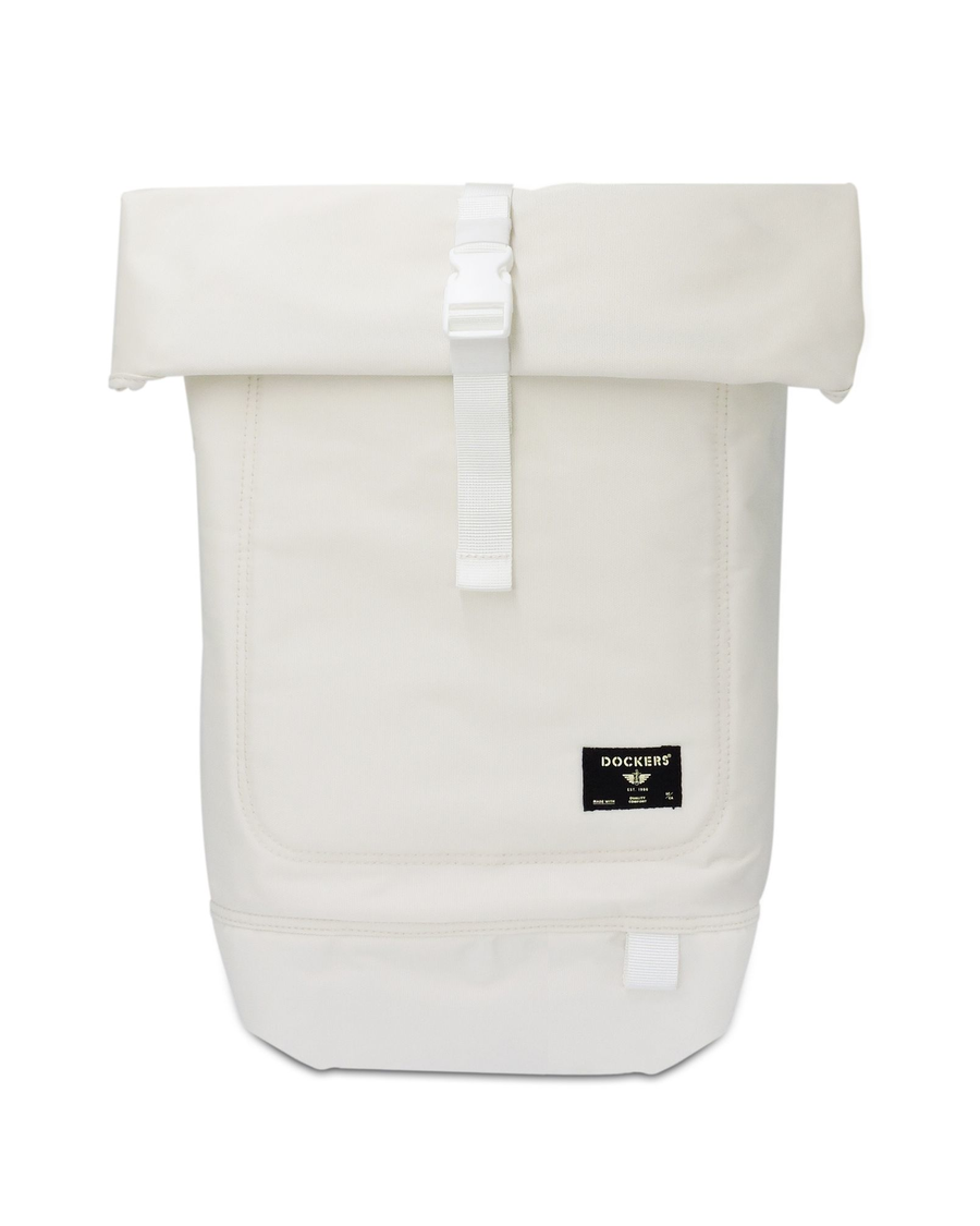 Front view of model wearing White Packable Backpack.