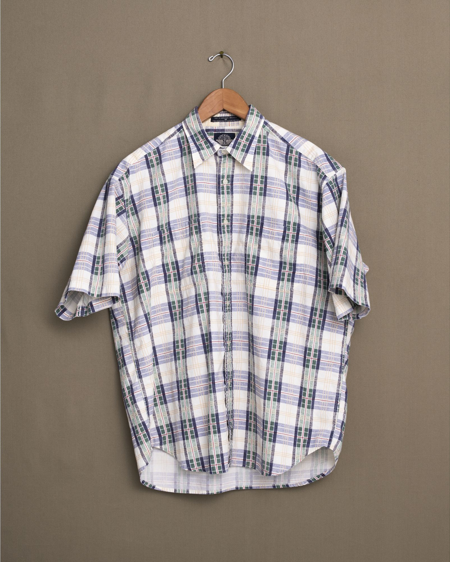 Front view of model wearing White White & Green Plaid Shirt - M.