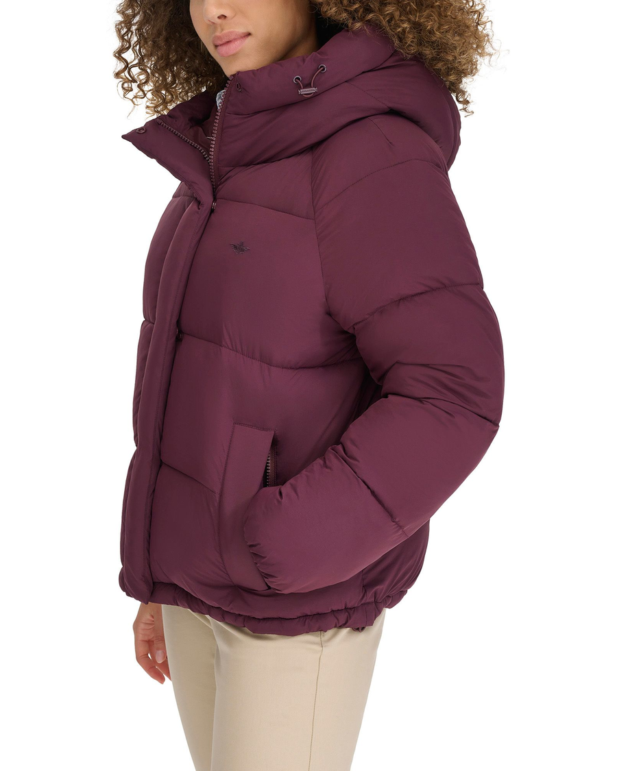 View of model wearing Winetasting Hooded Matte Bubble Puffer Jacket.