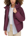 View of model wearing Winetasting Hooded Matte Bubble Puffer Jacket.