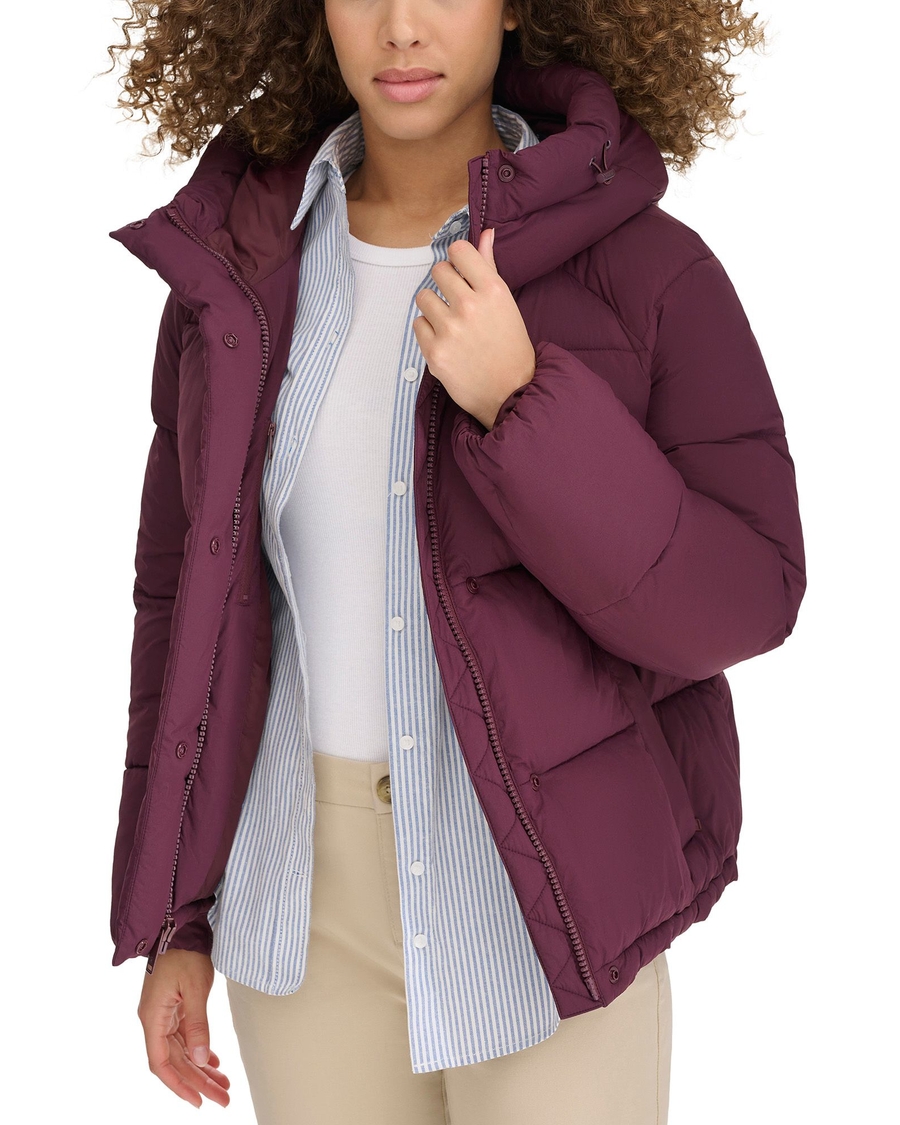 View of model wearing Winetasting Hooded Matte Bubble Puffer Jacket.