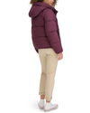 View of model wearing Winetasting Hooded Matte Bubble Puffer Jacket.