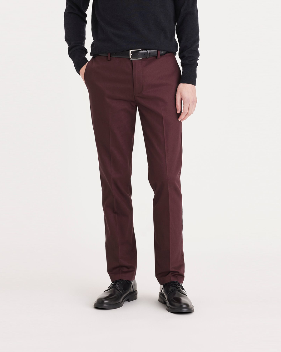 Front view of model wearing Winetasting Signature Iron Free Khakis, Slim Fit with Stain Defender®.