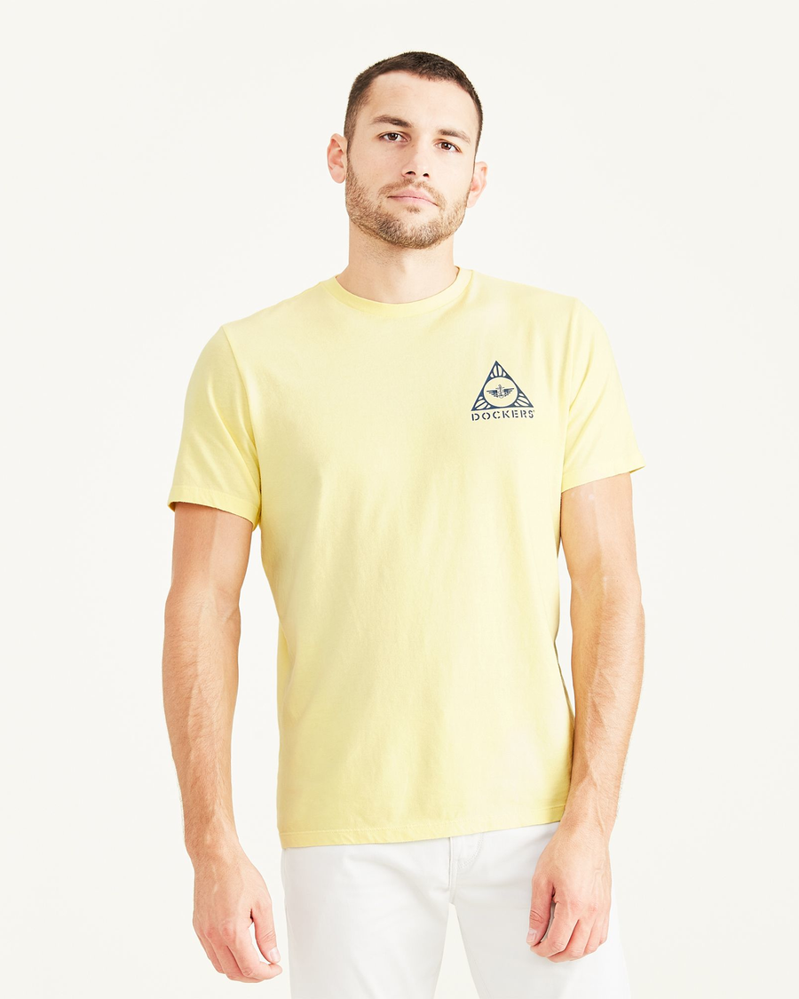 Front view of model wearing Yellow Pear Graphic Tee, Slim Fit.